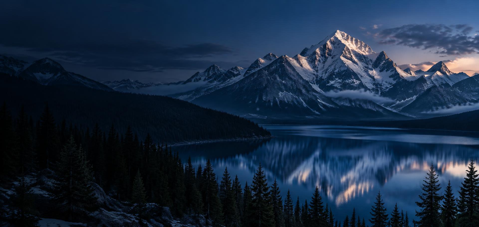 Snow-capped mountain range over a still lake at dusk